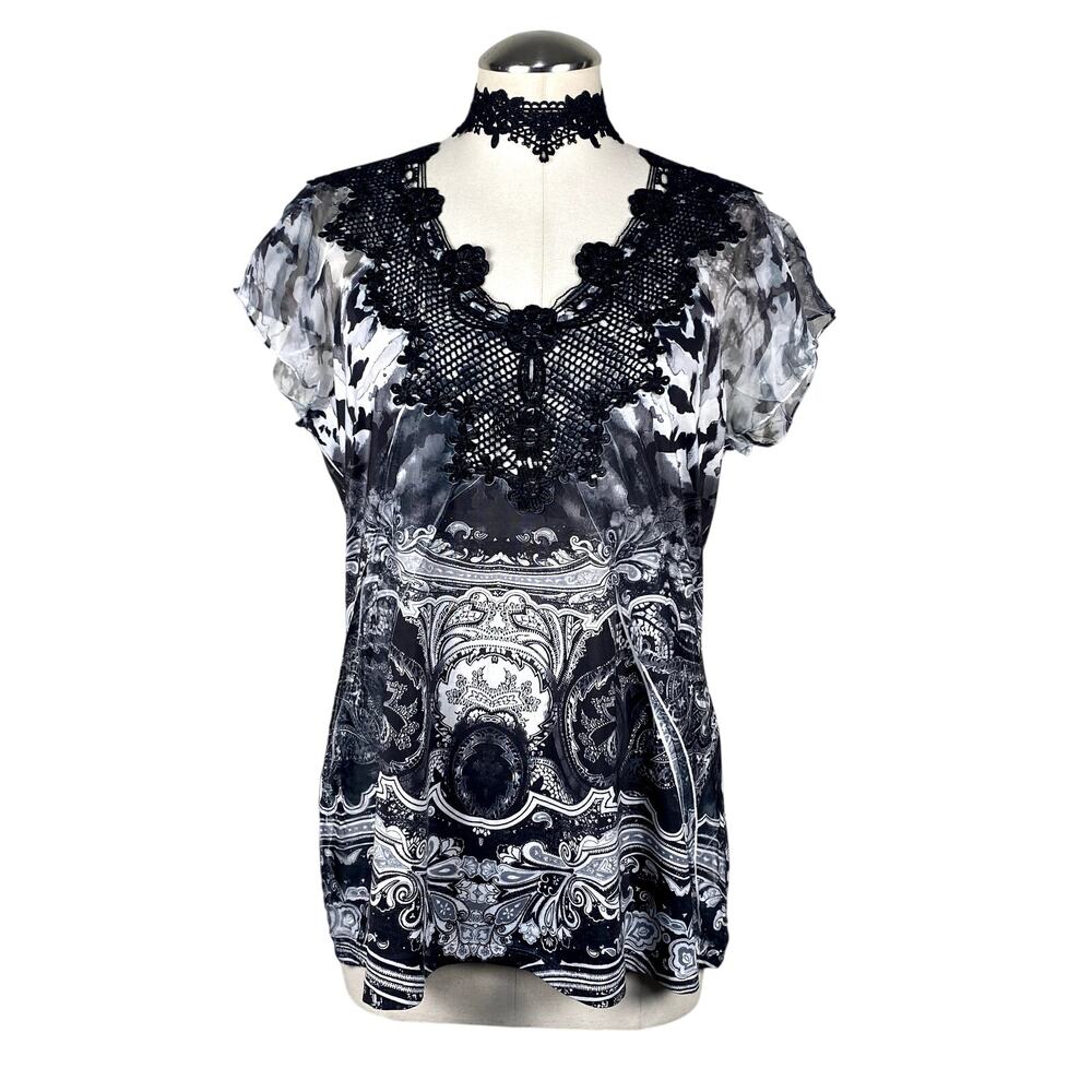 Unity World Wear Y2K Lace Rhinestone Floral Flutter Sleeve Whimsigoth Blouse Lg